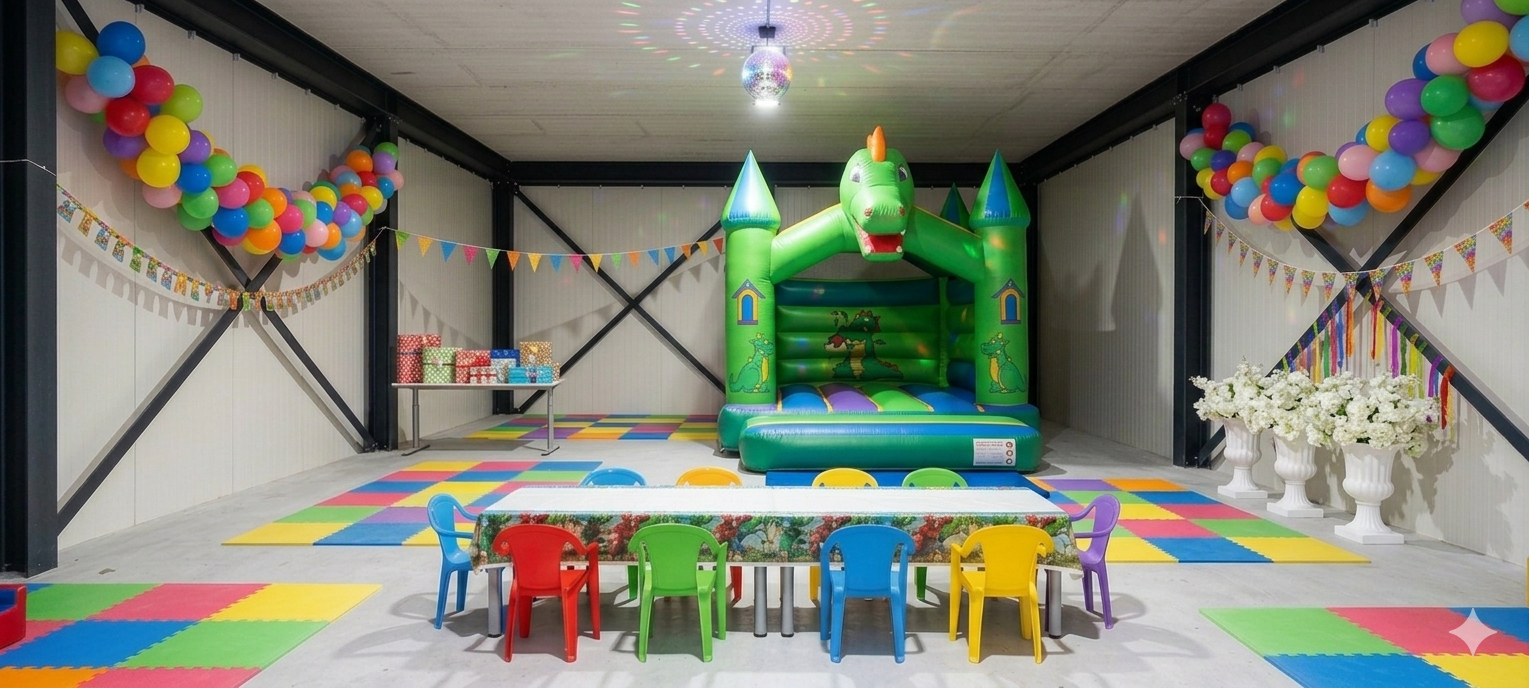 Benedenzaal met springkussen en activiteiten voor kinderen